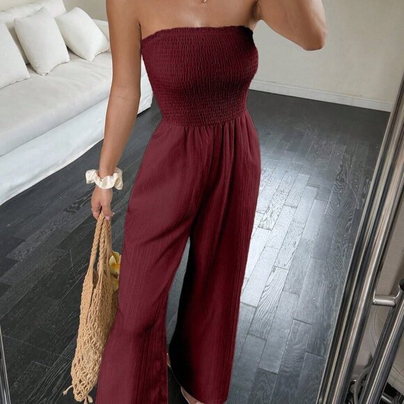 Burgundy Casual Women's Sexy Pleated Off-Shoulder Sleeveless Jumpsuit - Picture 4 of 7